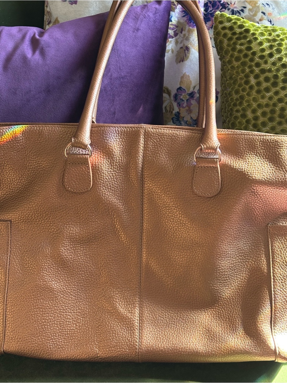 Women's Metallic Pebbled Leather Tote Bag in Rose Gold w/ FREE Cosmetics Bag
